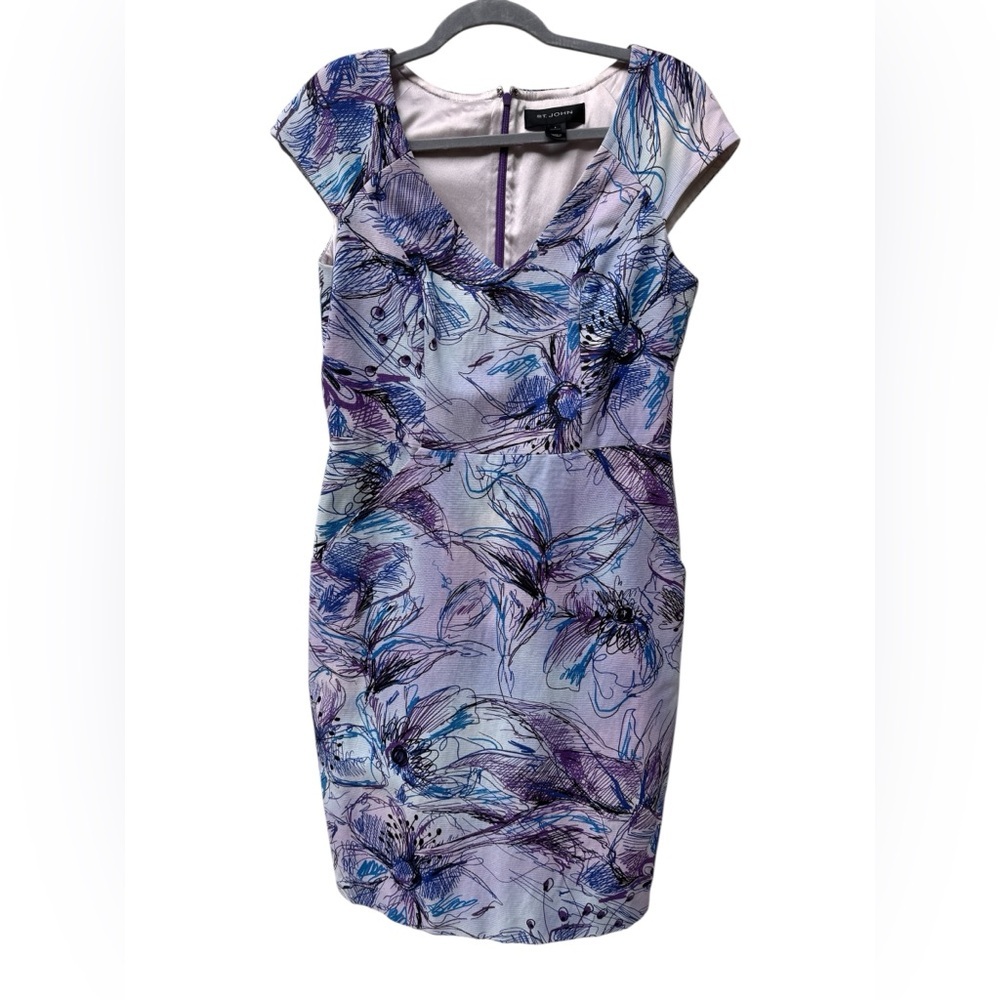 St. John Vintage Summer Lavender Sleeveless Cap Sleeve VNeck Floral Dress Sz 4